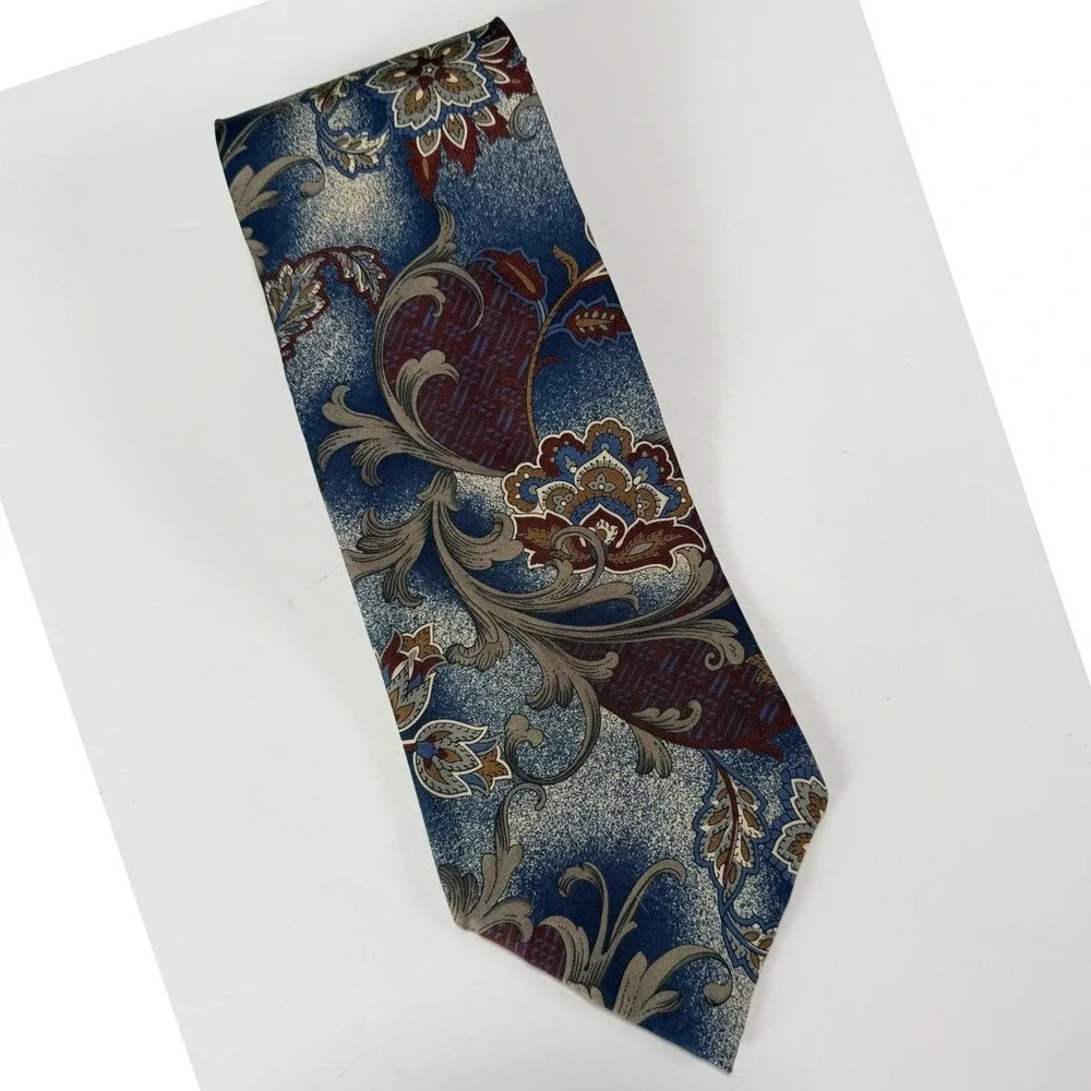 Robert Stock Necktie Sandwashed Silk Men Blue Floral Paisley Silk Vintage Dandy